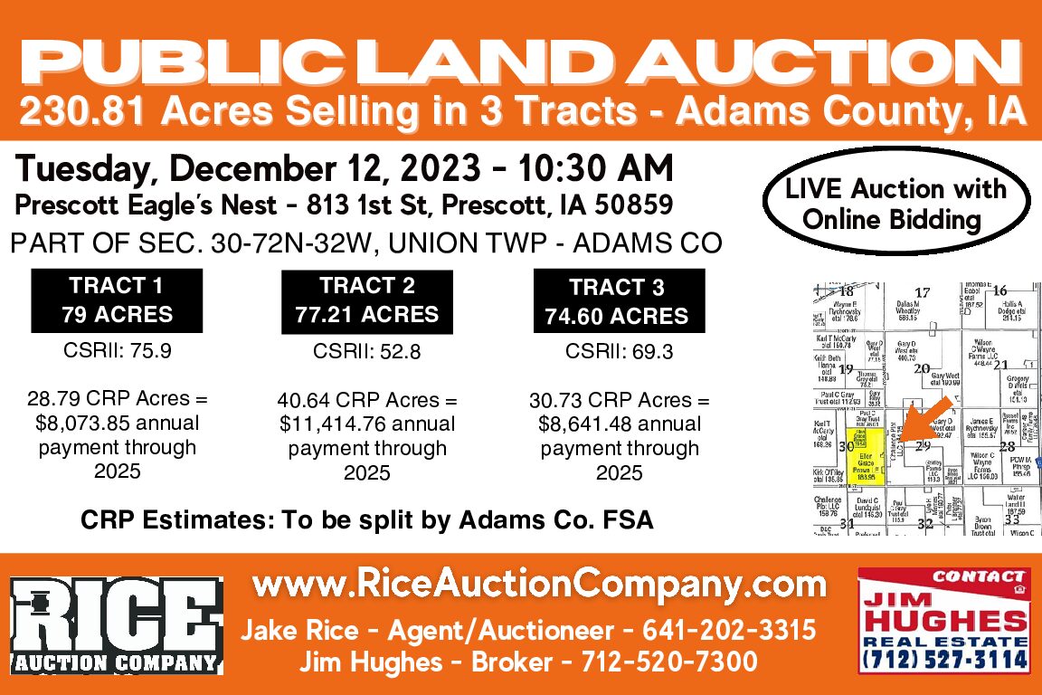 PUBLIC LAND AUCTION – Adams County, IA – SOLD